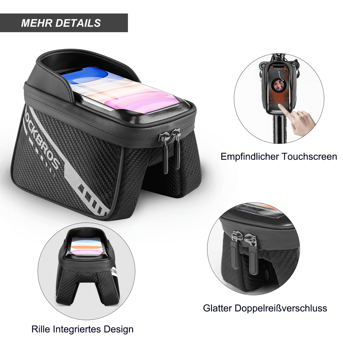 ROCKBROS Top Tube Bag with TPU Touchscreen, Side Pocket Design, 1L