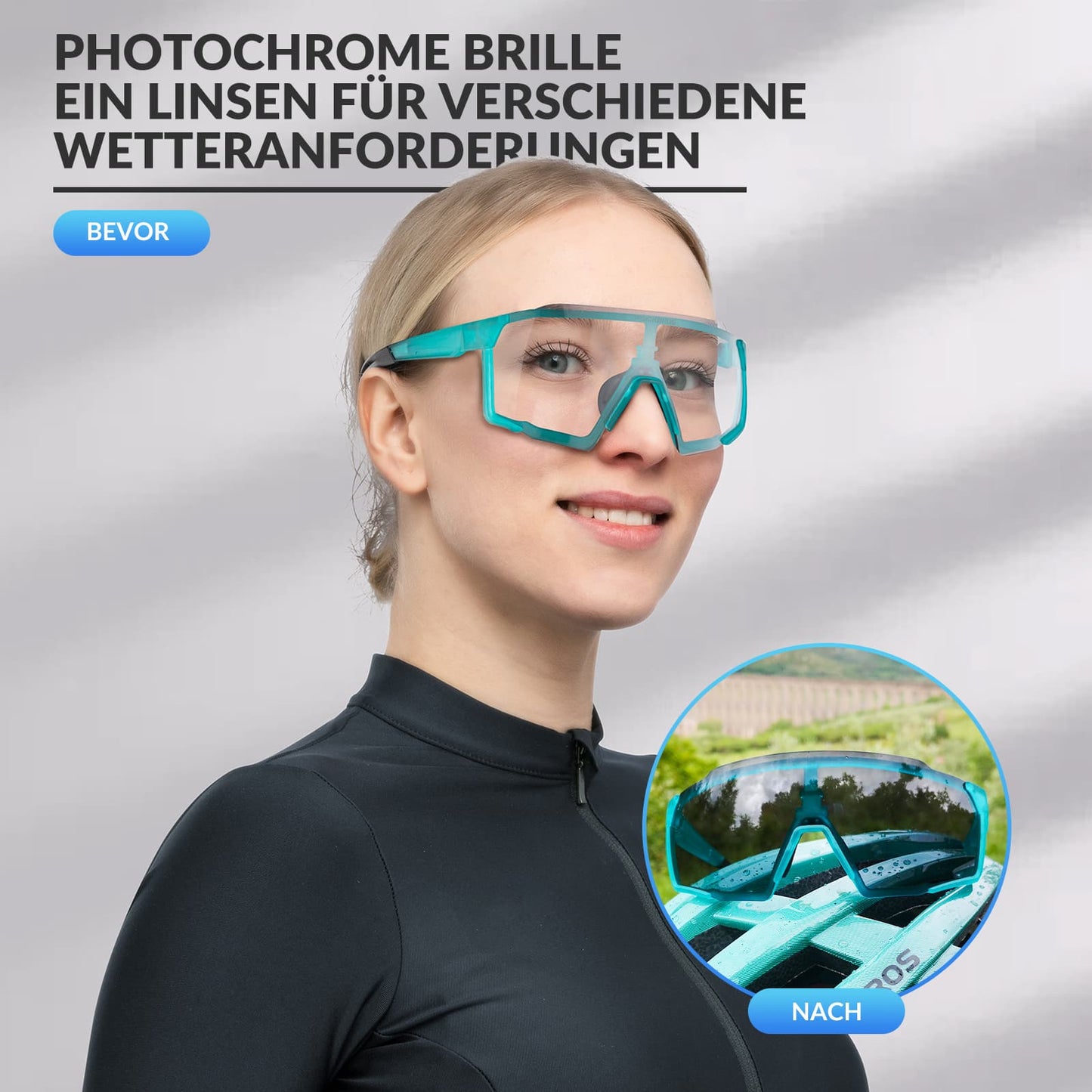 ROCKBROS Photochrome Brille HD Fahrradbrille für Outdoor-Aktivitäten Blau