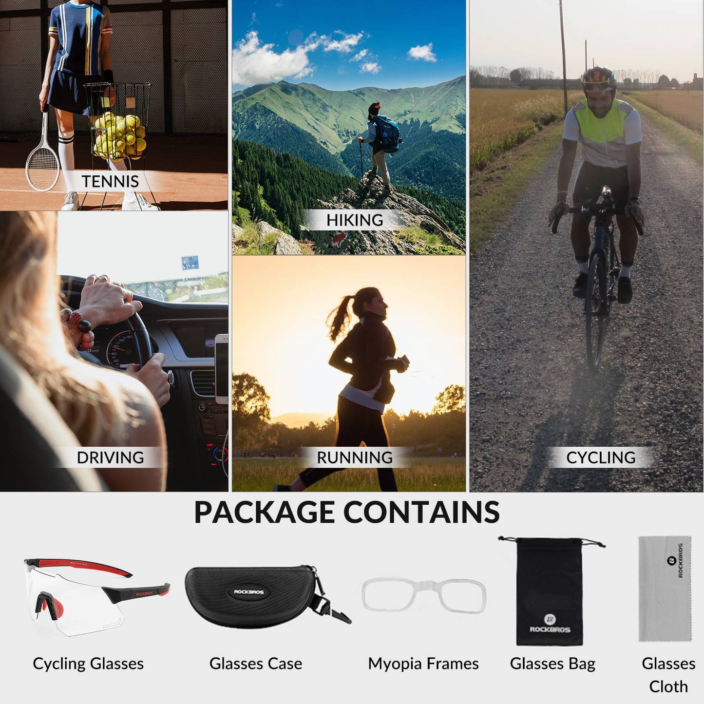 ROCKBROS sólgleraugu með UV400 vörn fyrir hjólreiðar fyrir konur/karla