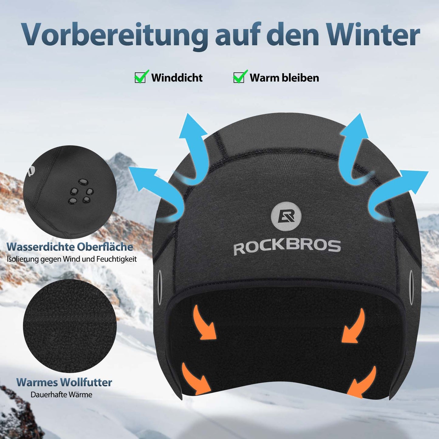 ROCKBROS Winter Fahrrad Mütze Winddicht Helmmütze mit Brillenlöcher