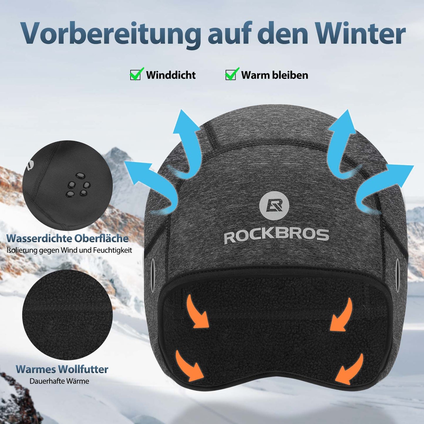 ROCKBROS Winter Fahrrad Mütze Winddicht Helmmütze mit Brillenlöcher