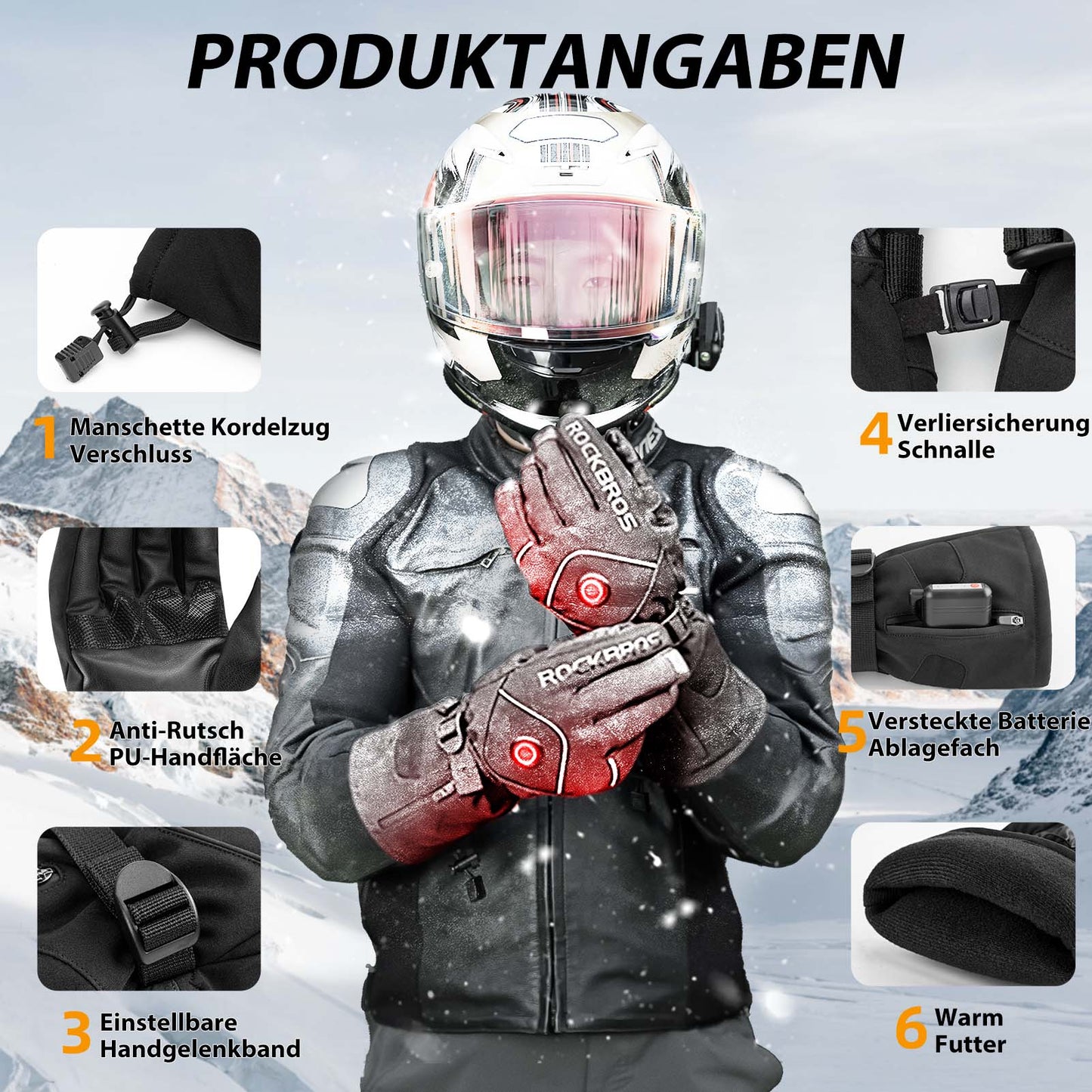 ROCKBROS Winter Ski Gloves Rechargeable Heated Gloves Black