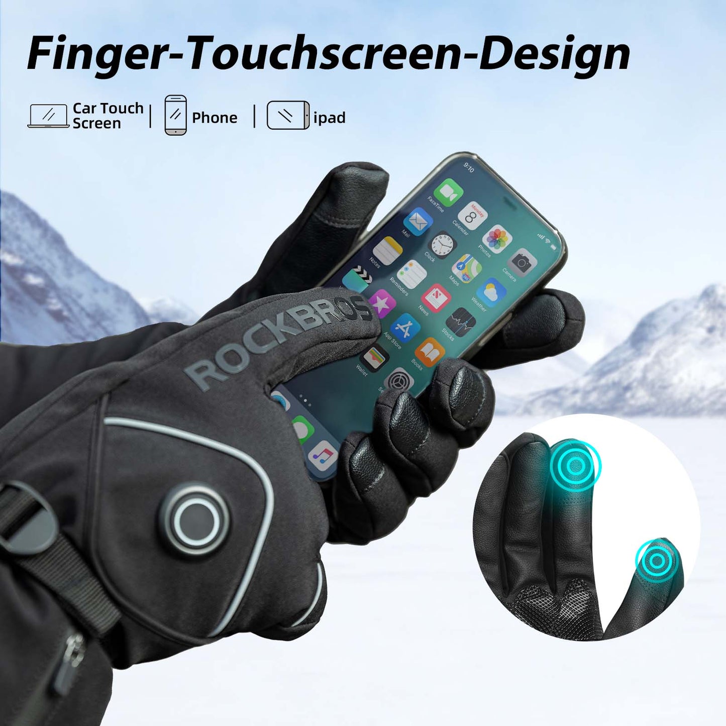 ROCKBROS Winter Ski Gloves Rechargeable Heated Gloves Black