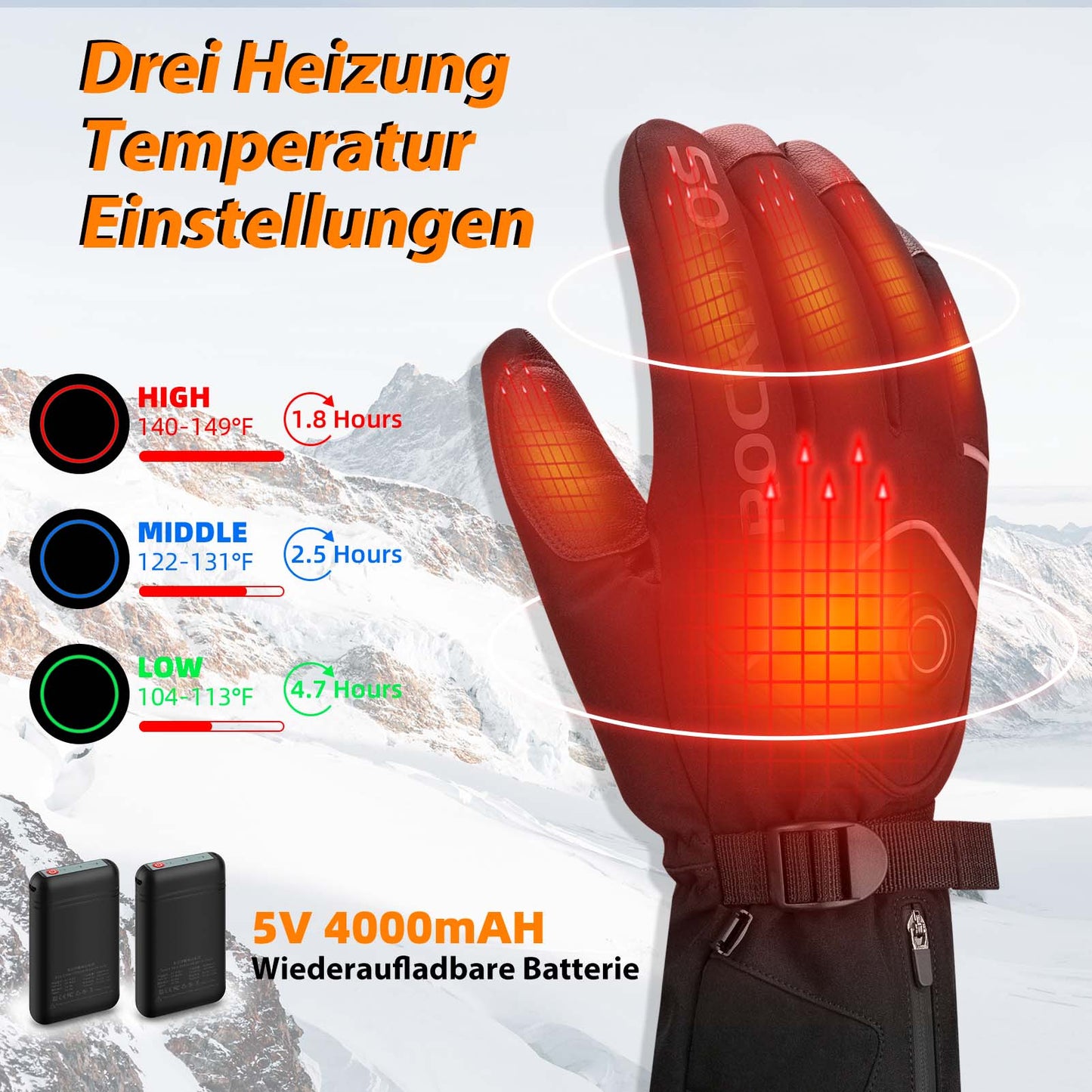 ROCKBROS Winter Ski Gloves Rechargeable Heated Gloves Black