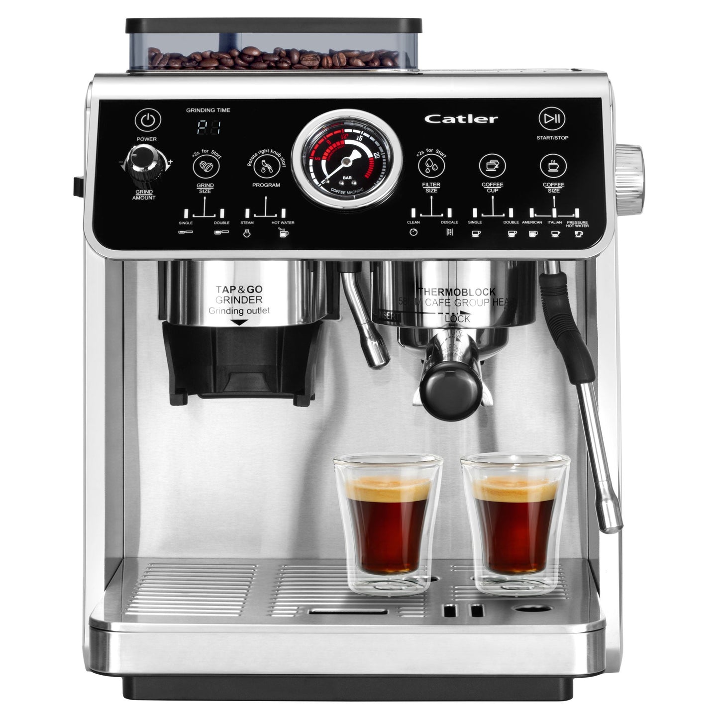 Catler ES 910 Lever Espresso Coffee Machine with Integrated Grinder – Silver