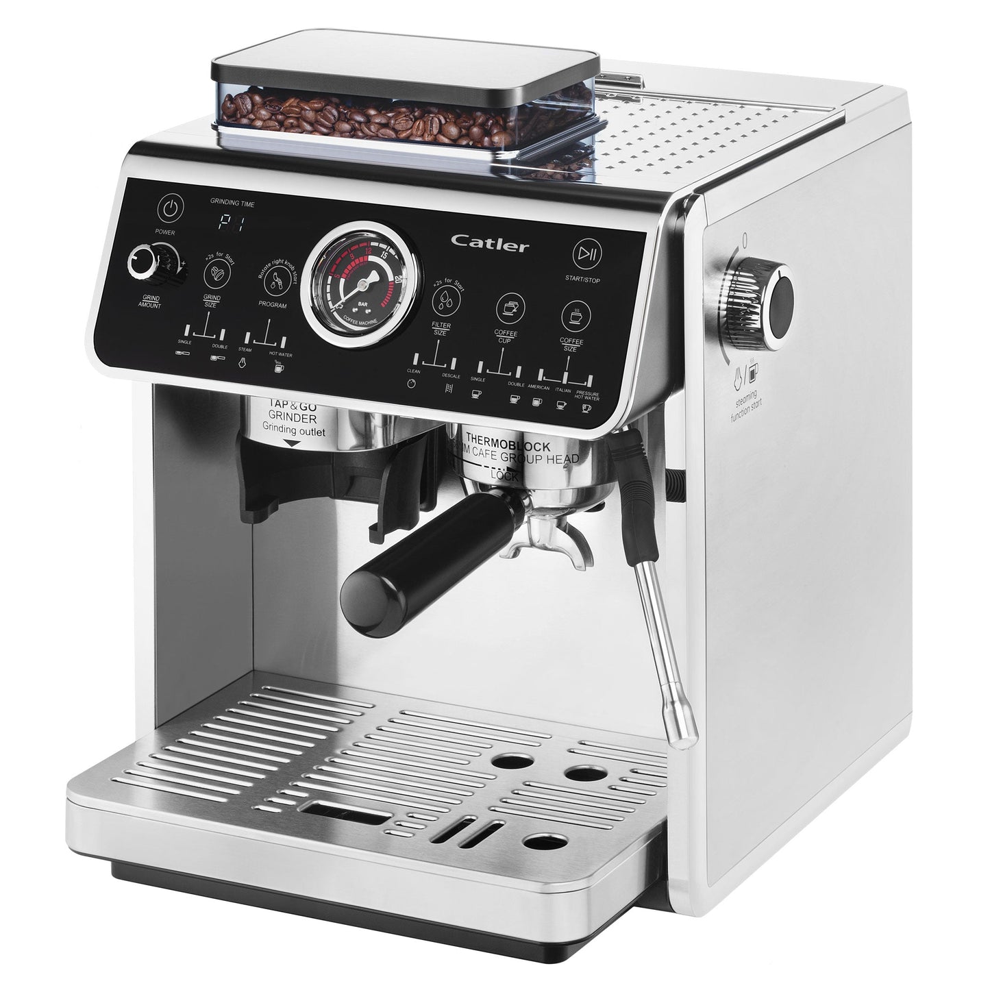 Catler ES 910 Lever Espresso Coffee Machine with Integrated Grinder – Silver