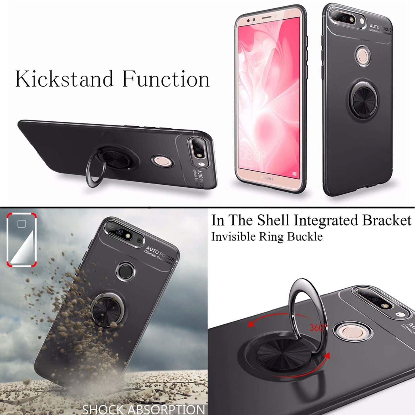 NALIA Ring Hülle kompatibel mit Huawei Y7 2018, Silikon Cover für KFZ Halterung