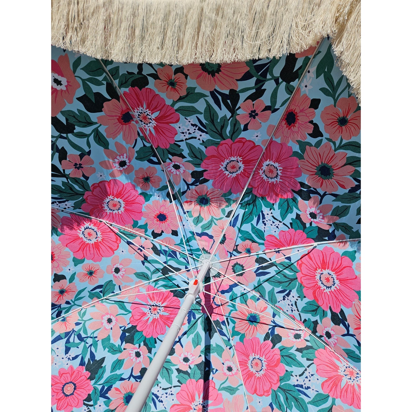 Sonnenschirm Strandschirm Schirm UV Schutz mit Tasche Fransen Blumen Ø 155 cm