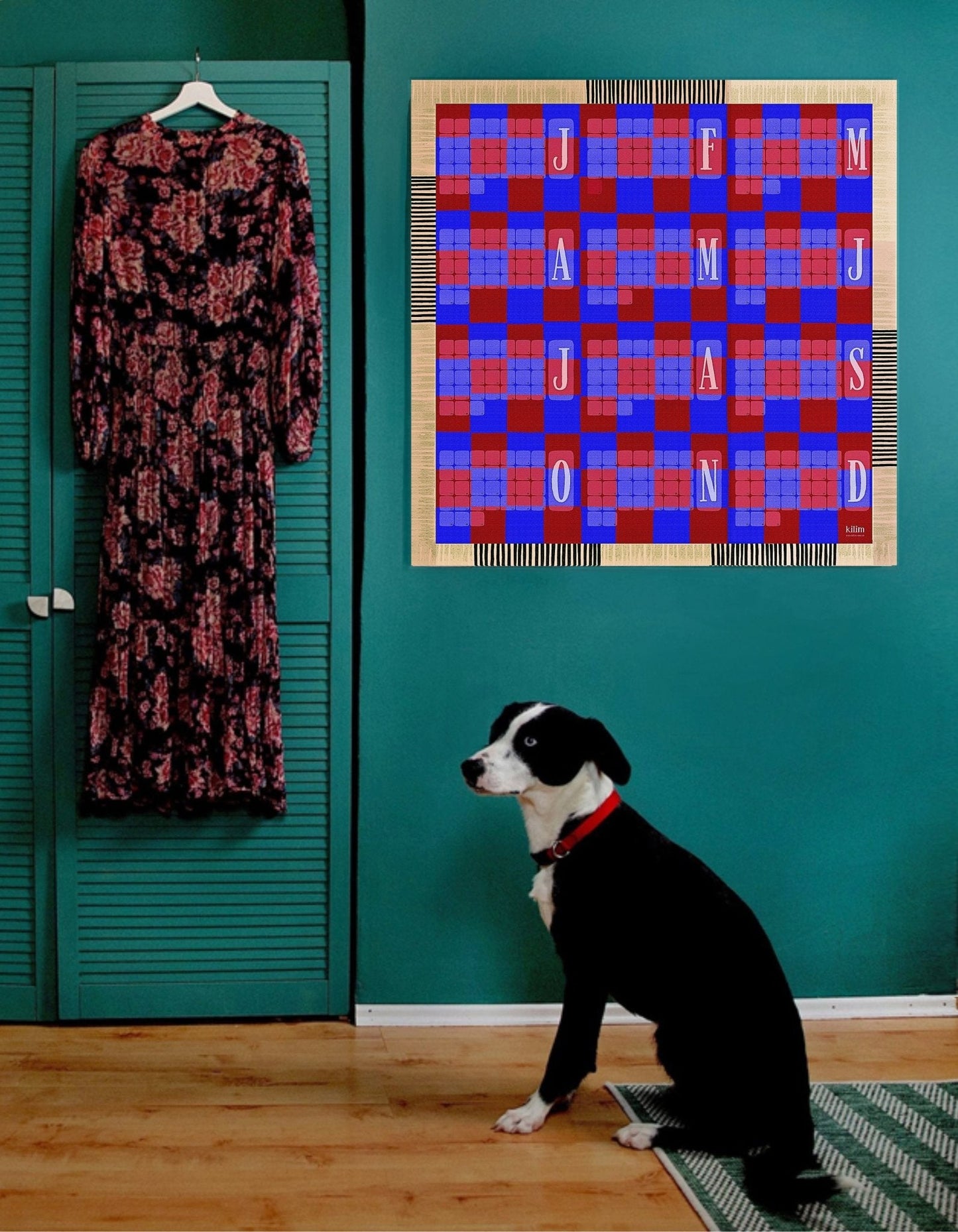 Takmarkað veggdagatal // Kelim rúðótt blátt rautt