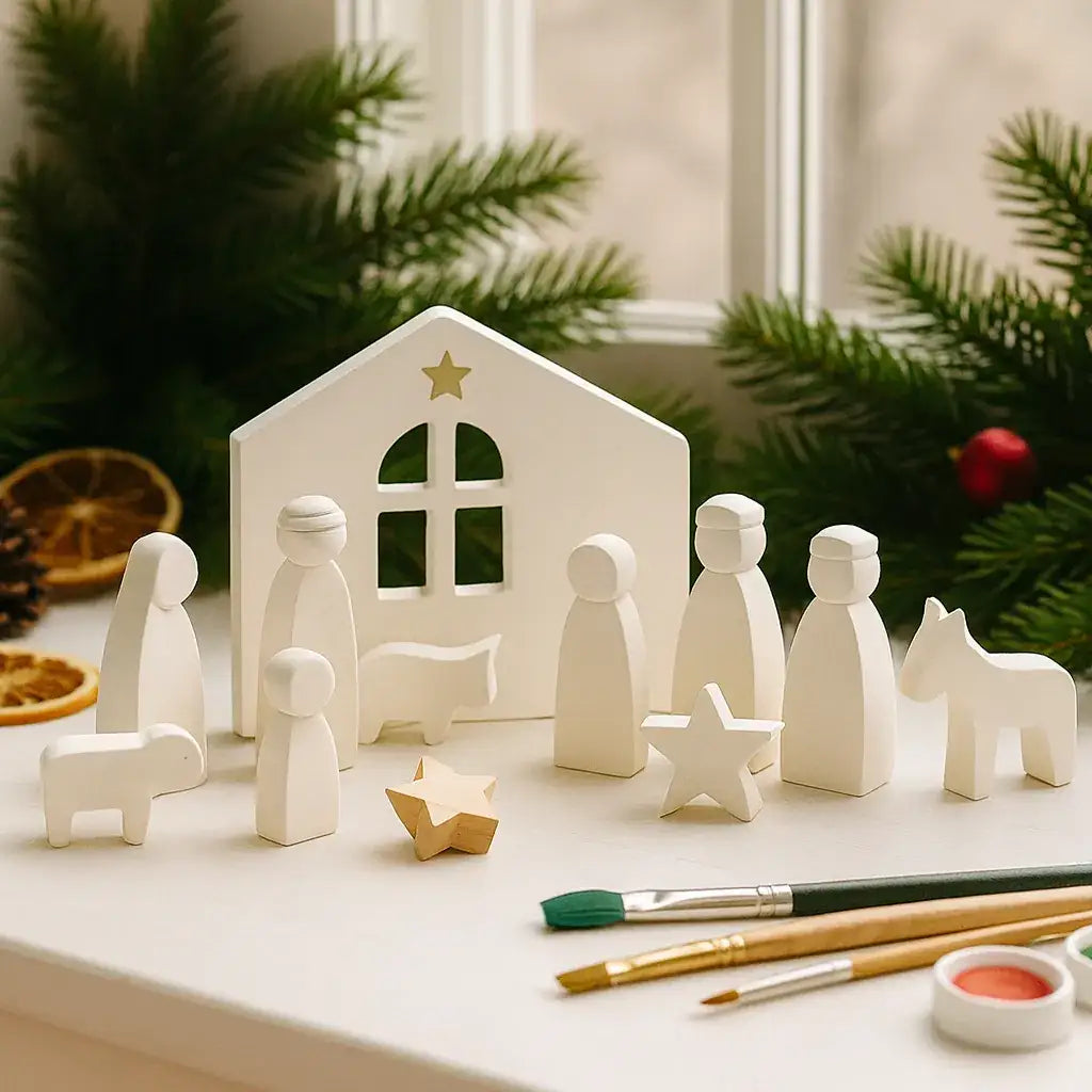 Kleine Weihnachtskrippe – Handgefertigte Figuren & Moderner Krippenstall