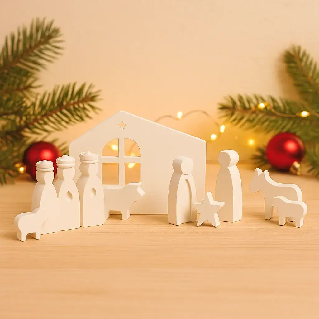 Kleine Weihnachtskrippe – Handgefertigte Figuren & Moderner Krippenstall