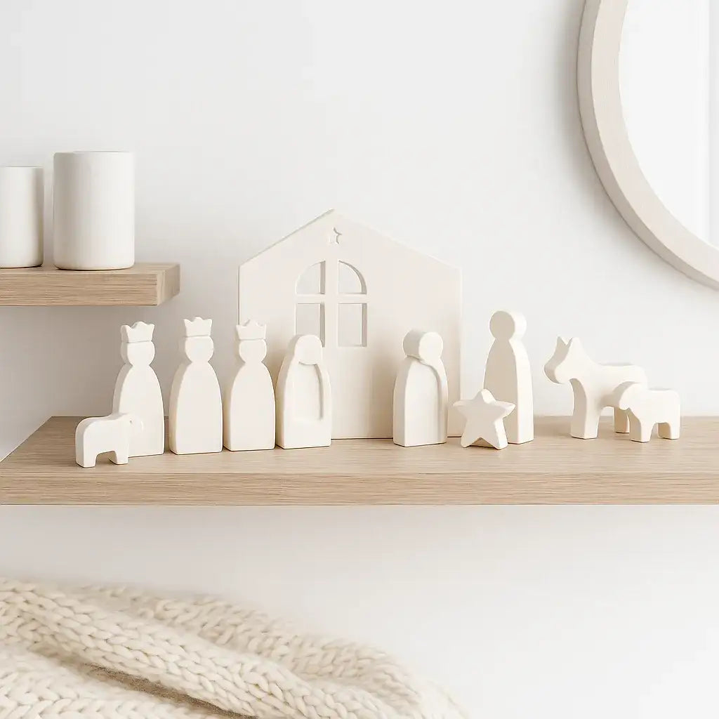 Kleine Weihnachtskrippe – Handgefertigte Figuren & Moderner Krippenstall