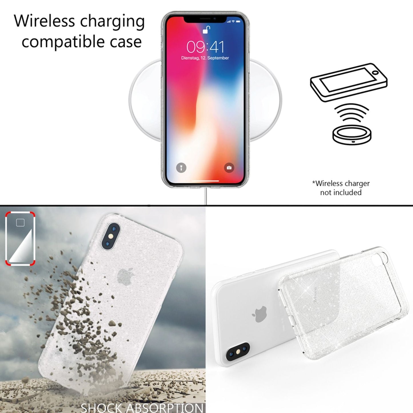 NALIA símahulstur fyrir Apple iPhone X XS, glitrandi hulstur, þunnt sílikonhlíf